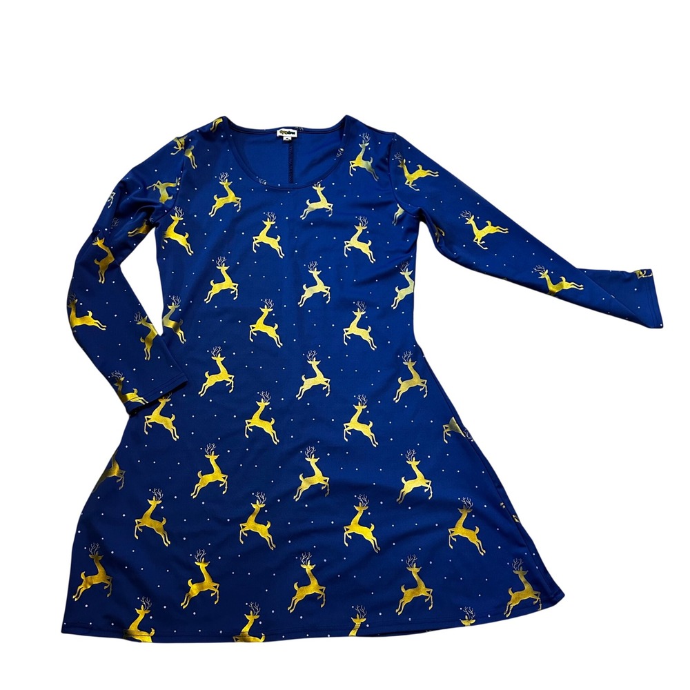 Tipsy Elves Womens XL Blue Gold Foil Reindeer Christmas Skater Dress Long Sleeve